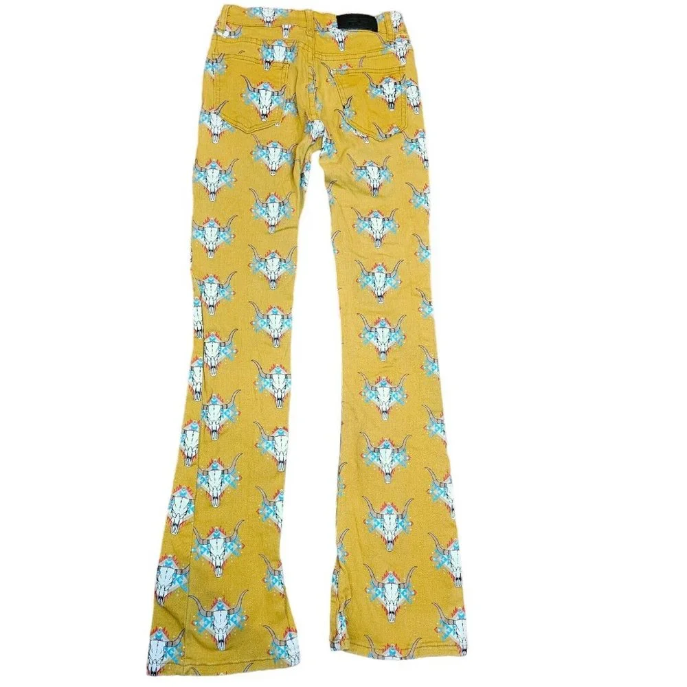 Fallon Taylor Western Steer Skull Jeans Bootcut Flare Mustard‎ Yellow 27 X 32
